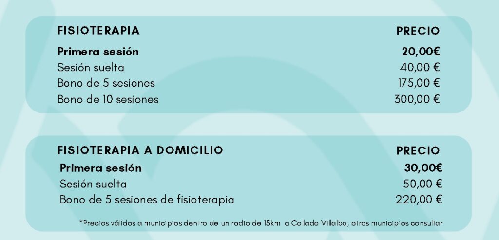 Los precios aquí reflejados corresponden tanto a las sesiones en local de fisioterapia, como a las sesiones a domicilio de fisioterapia Los precios se ajustan para dar la mejor calidad a los pacientes